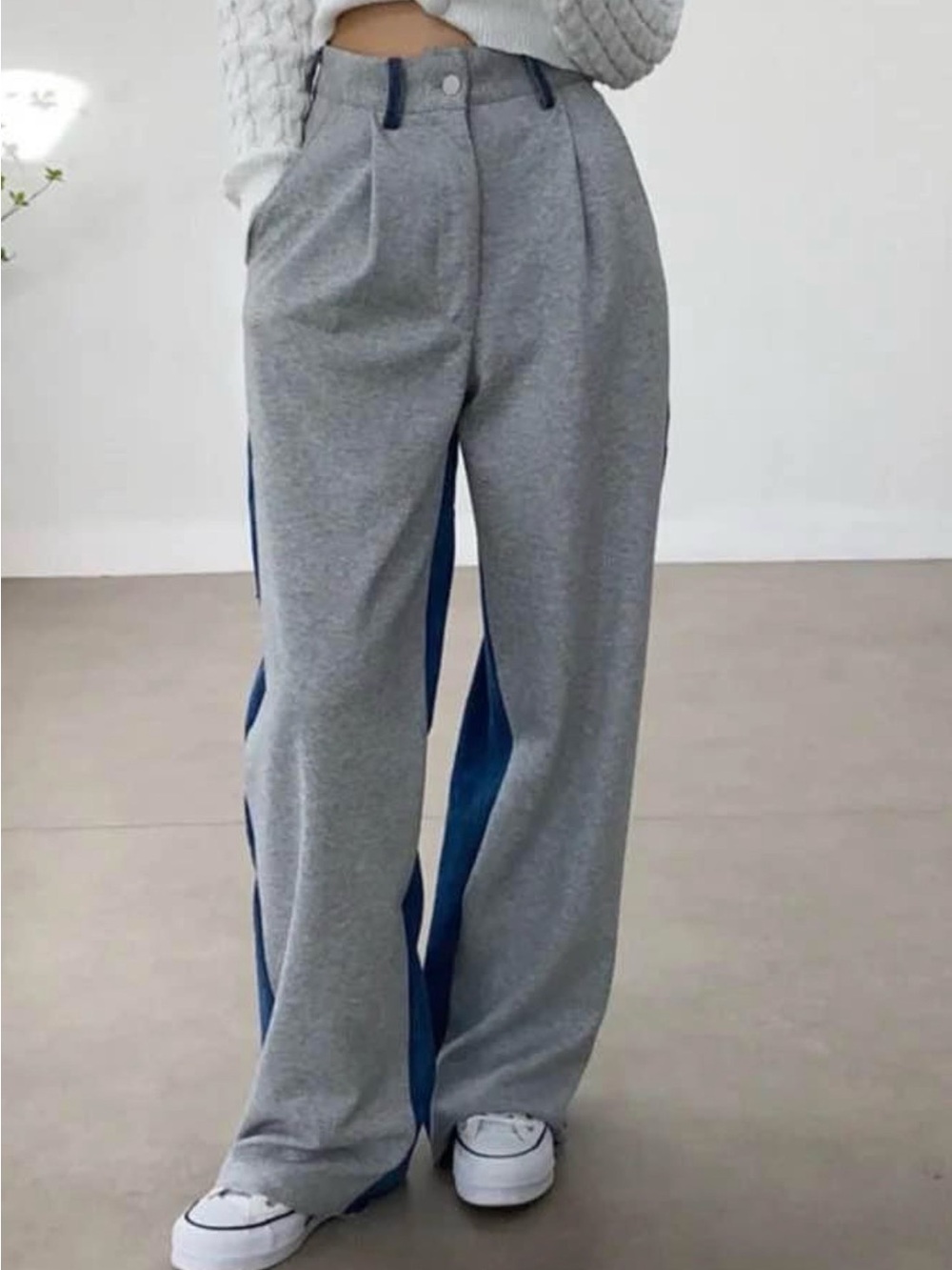 NWOT Denim and Gray cotton Wide-Leg baggy Jeans Pants paper bag waistband NEW